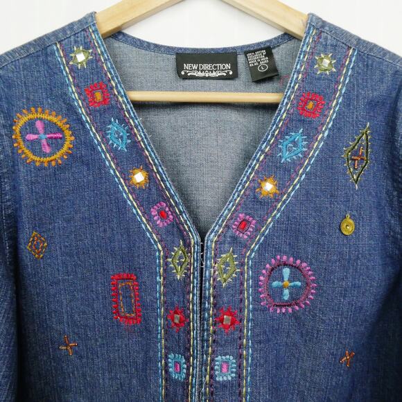 Vintage New Direction Southwestern Embroidered Jacket Sz L Blue Denim Beaded NOS - Picture 3 of 11